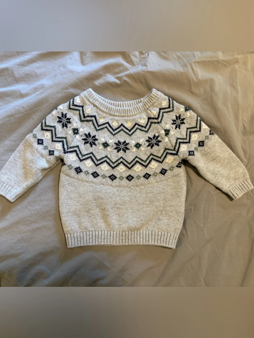 Carter's Light Gray Crewneck Winter Sweater with Navy & Cream Accents